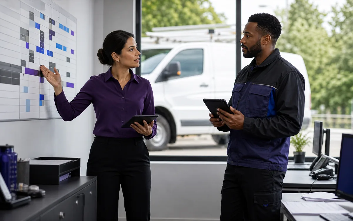 Field service manager and technician coordinating the next customer job