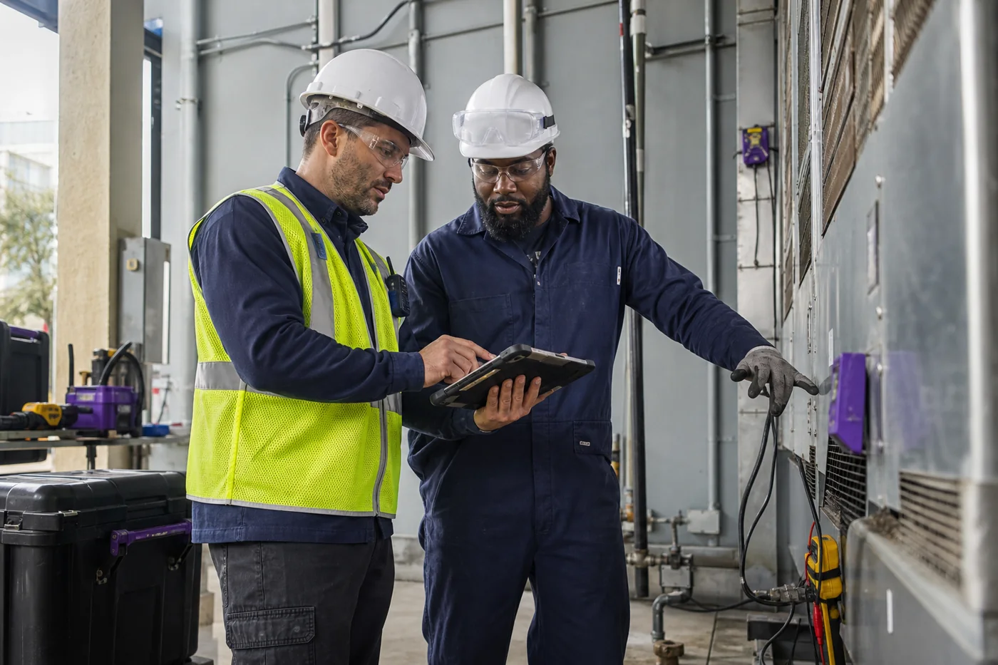 Field supervisor and technician coordinating a commercial service job with a rugged tablet