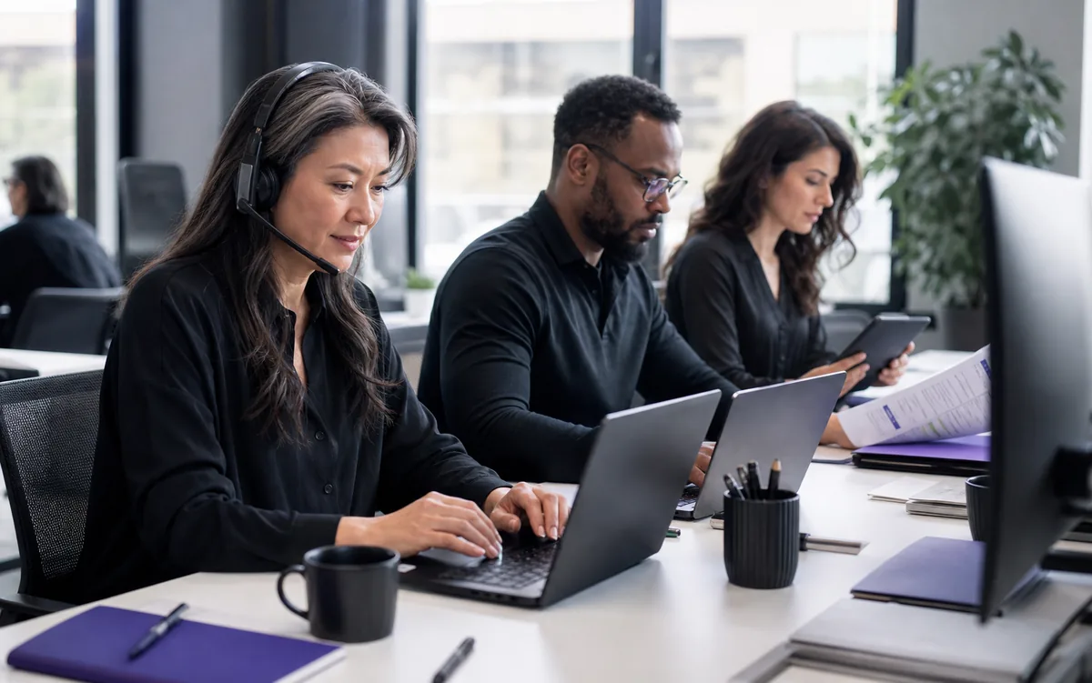 Agency operations team actively managing client campaigns and customer accounts at their workstations