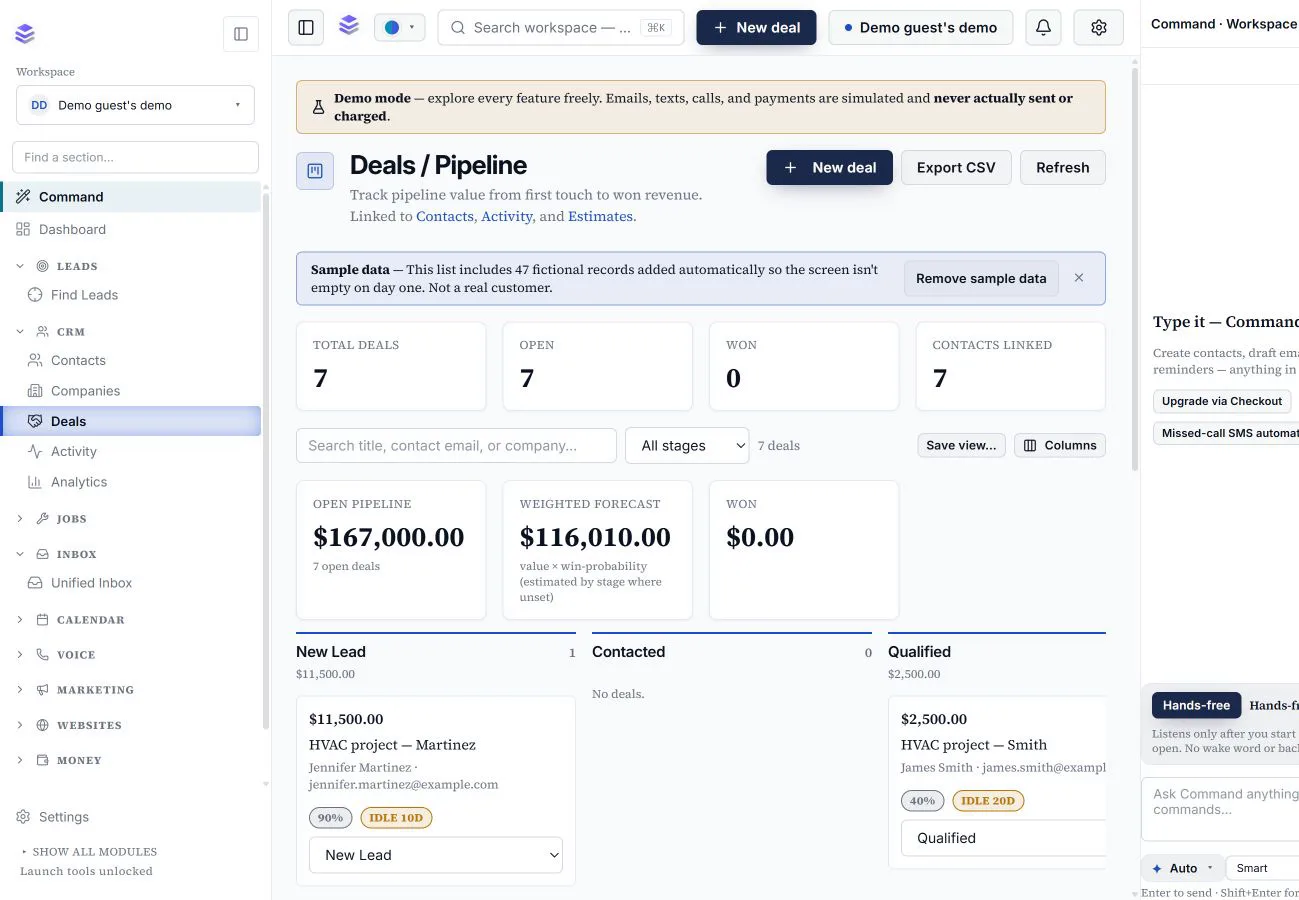 Real StackPass Deals pipeline using fictional records in isolated demo mode